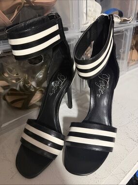 Fergie Black and White Striped Ankle-Strap Stiletto Heels